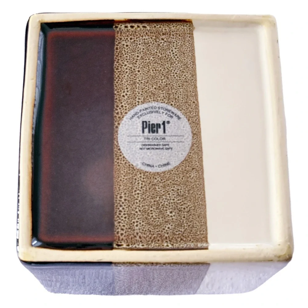 Vintage Pier 1 Imports Square Canister Lid Tri-Color Stoneware Glaze Brown Cream